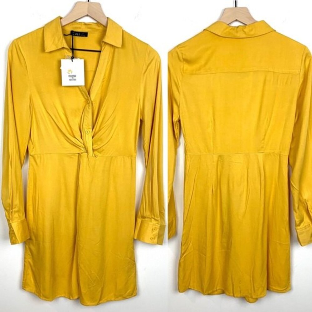 NEW Very J Women's Size Small S Twist-Front Shirt Dress Mustard Yellow Color